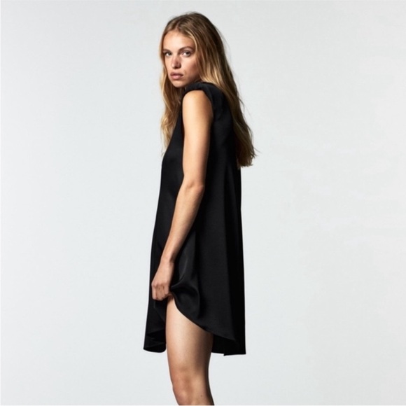 Zara Black Satin Asymmetric Mini Dress Small - Picture 4 of 6
